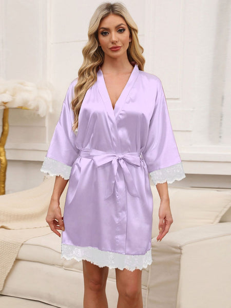 Tied Lace Detail Three-Quarter Sleeve Lounge Nightgown