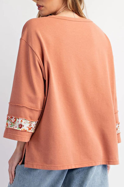 Exposed Seam Slit Floral Round Neck Blouse