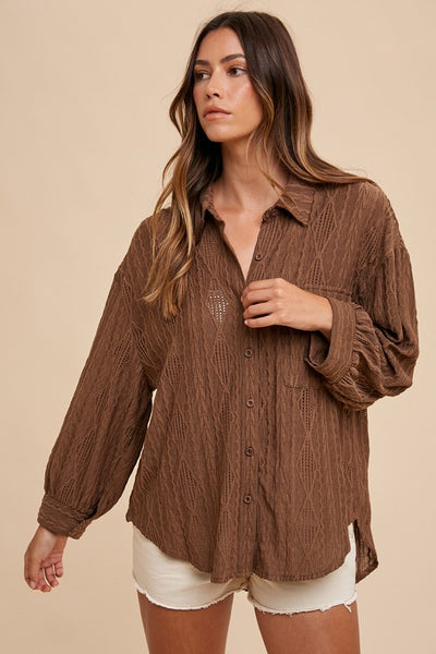 Openwork Button Down Drop Shoulder Shirt