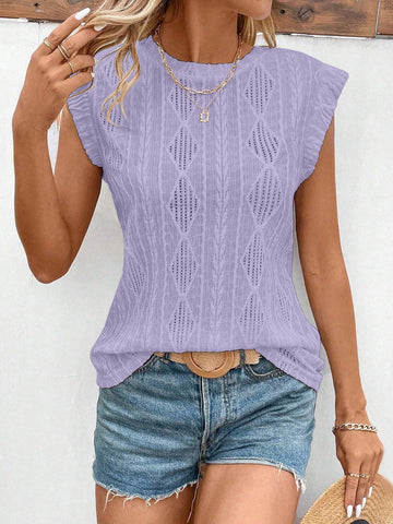 Openwork Round Neck Cap Sleeve Top