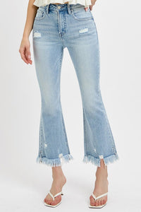 Full Size Raw Hem Distressed Cropped Flare Jeans Plus Size