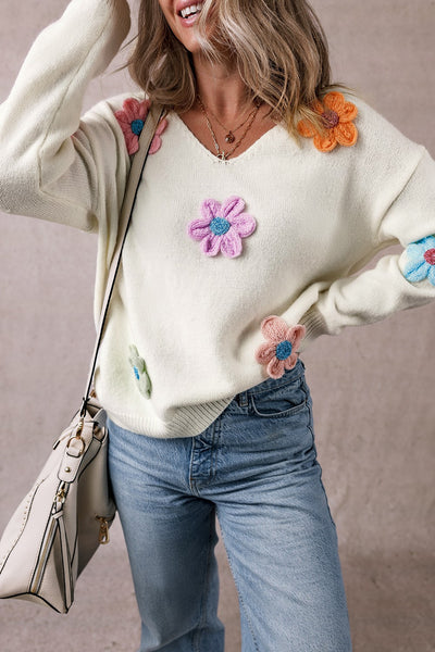 Crochet Flower V-Neck Long Sleeve Sweater
