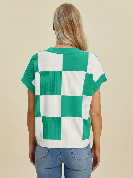 Checkered Round Neck Short Sleeve Sweater