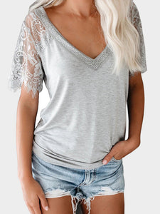 Lace Patchwork V-Neck Short Sleeve T-Shirt