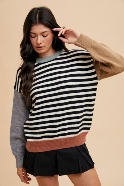 Striped Color Block Round Neck Sweater