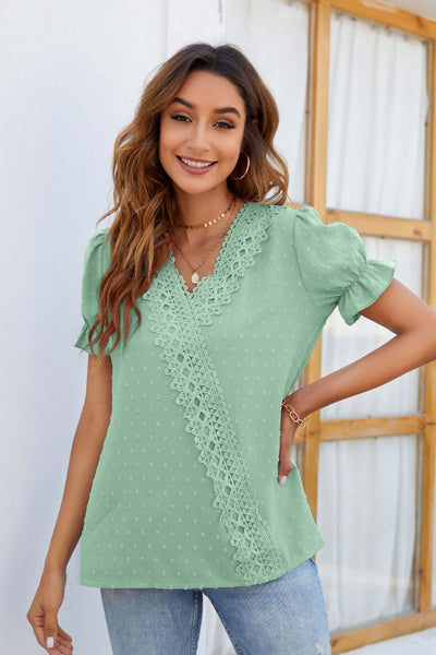 Dot Lace Detail V-Neck Short Sleeve Blouse