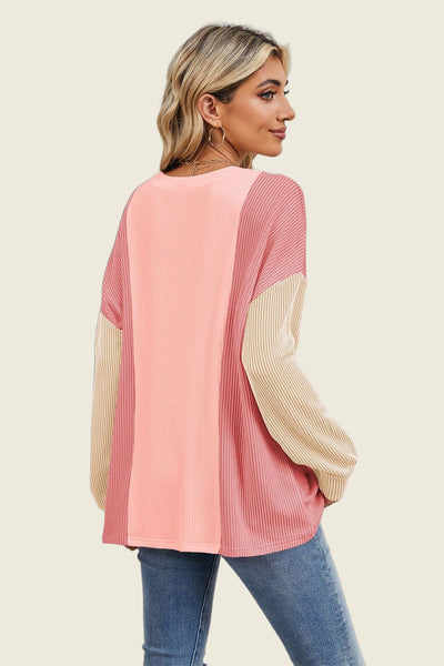 Texture Contrast Round Neck Long Sleeve T-Shirt