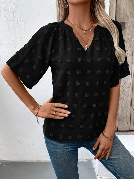 Swiss Dot Notched Half Sleeve Blouse