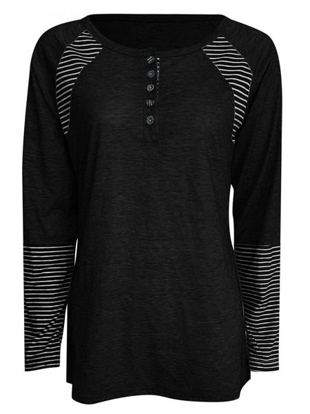 Full Size Striped Quarter Button Long Sleeve T-Shirt