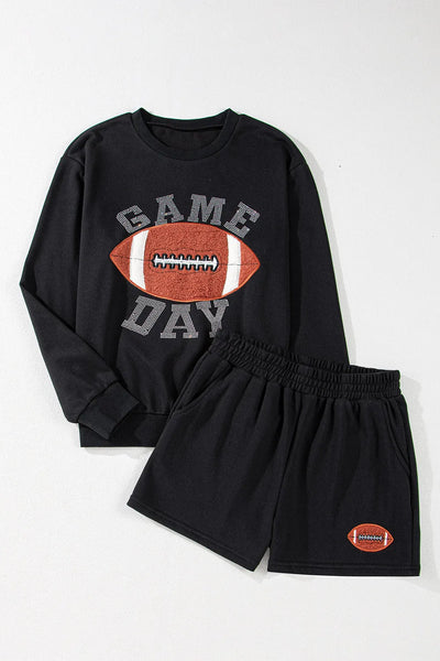 GAME DAY FAUX Football Round Neck Long Sleeve Top and Shorts Set