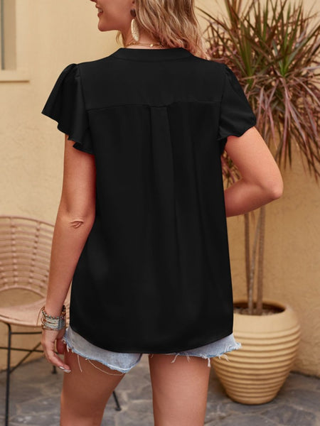 Notched Short Sleeve Blouse