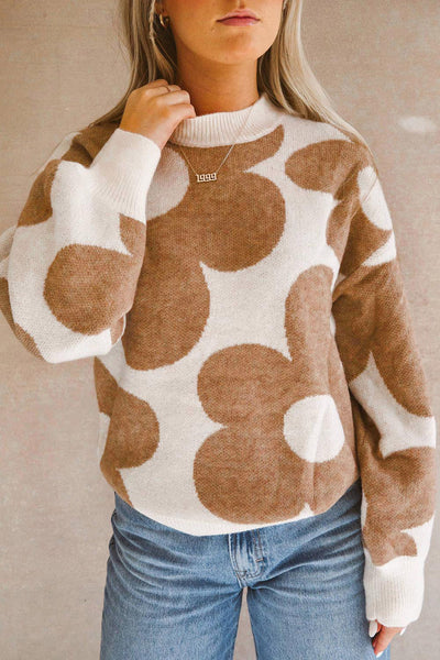 Contrast Flower Mock Neck Long Sleeve Sweater