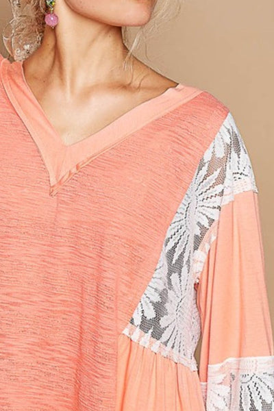 Lace Detail V-Neck Flare Sleeve Blouse