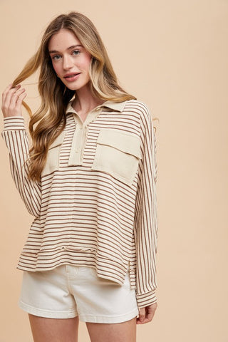 Striped Button Detail Long Sleeve Polo Top