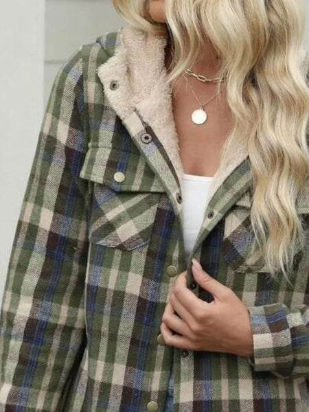 Plaid Snap Down Plush Hooded Jacket