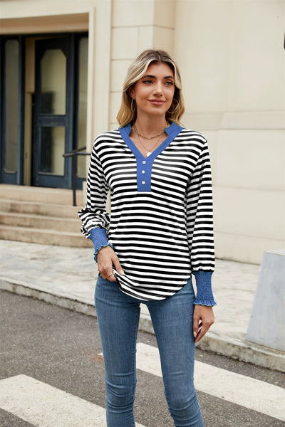 Contrast Striped Notched Long Sleeve Top