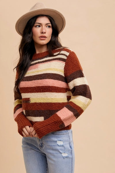 Wear Color Block Round Neck Long Sleeve Sweater