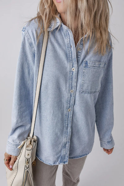 Pocketed Collared Neck Denim Top