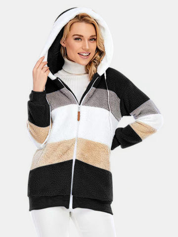 Full Size Drawstring Color Block Zip Up Hooded Outerwear