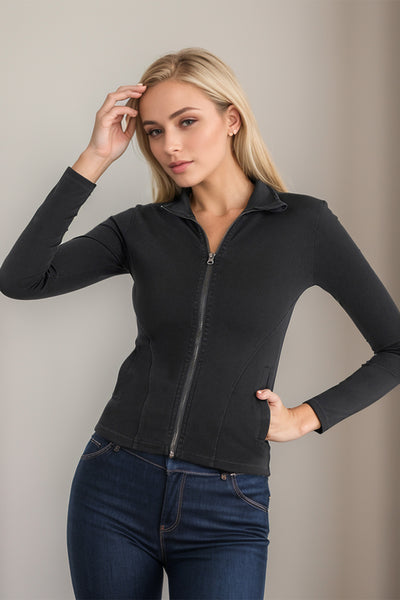 Pocketed Turtleneck Zip Up Denim Top