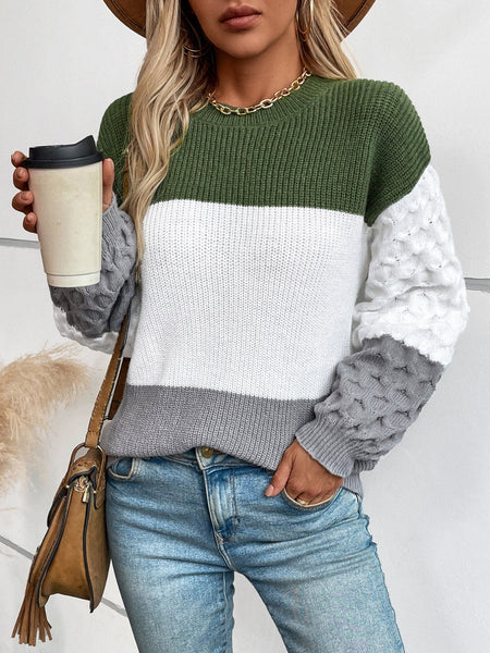 Color Block Round Neck Long Sleeve Sweater