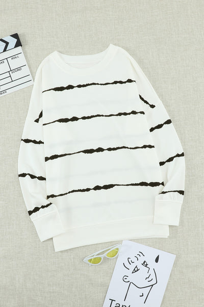 Slit Contrast Striped Round Neck Long Sleeve T-Shirt