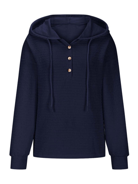 Drawstring Quarter Button Long Sleeve Hoodie