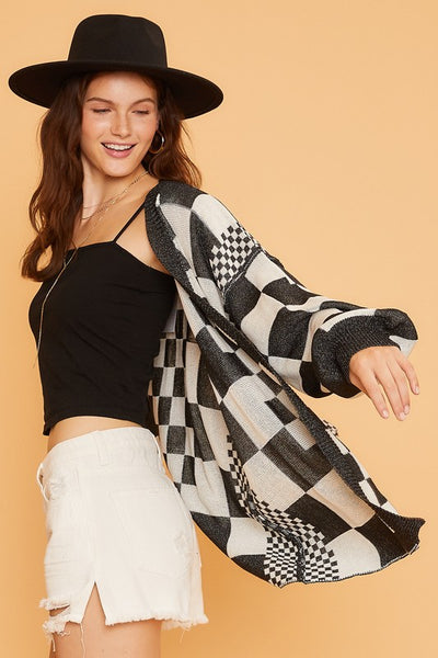 Wear Checkered Open Front Drop Shoulder Cardigan