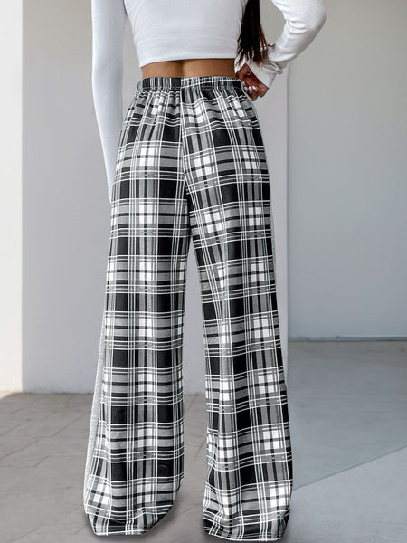 Drawstring Plaid Wide Leg Pants