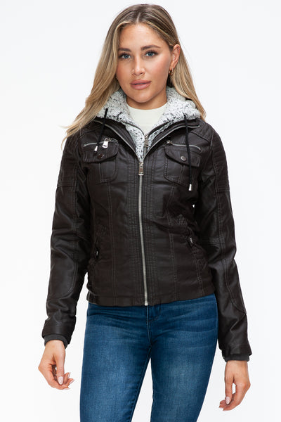 Removable Faux Layered Multi-Pocket Jacket with Fuzzy Hood