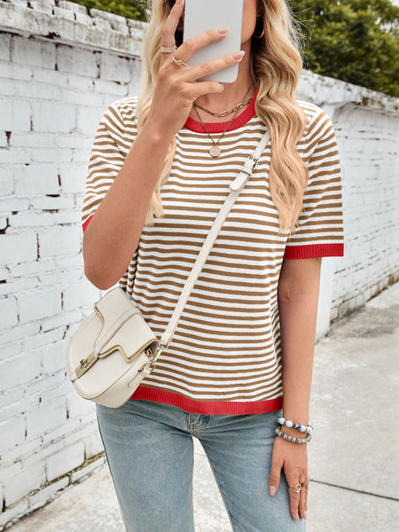 Striped Contrast Round Neck Half Sleeve Knit Top