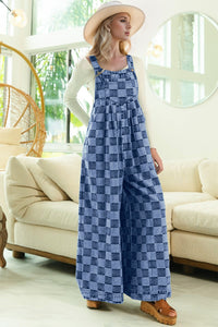 Checkered Sleeveless Wide Leg Denim Jumpsuit