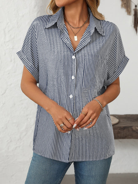 Pocketed Striped Collared Neck Short Sleeve Shirt
