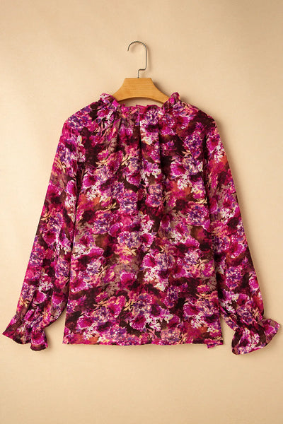 Printed Tie Neck Flounce Sleeve Blouse