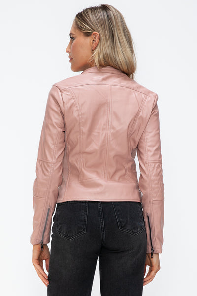 Faux Leather Zip Up Drawstring Hooded Jacket