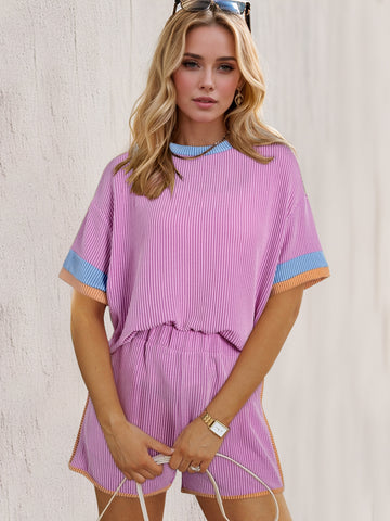 Texture Round Neck Half Sleeve Top and Shorts Set