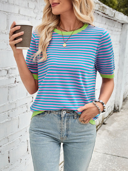 Striped Contrast Round Neck Half Sleeve Knit Top