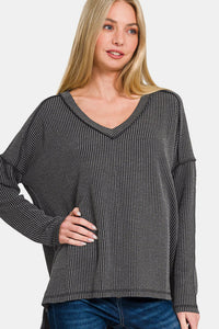 Texture Exposed Seam V-Neck Long Sleeve T-Shirt