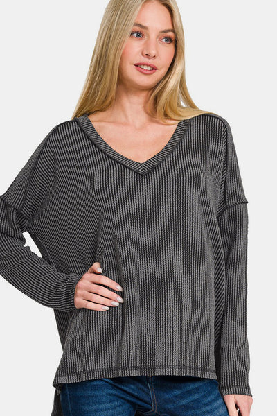 Texture Exposed Seam V-Neck Long Sleeve T-Shirt