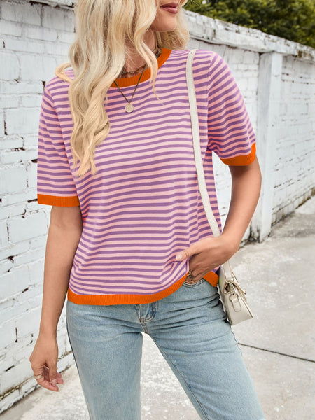 Striped Contrast Round Neck Half Sleeve Knit Top