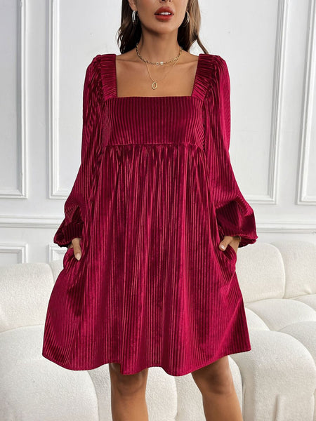 Tied Pocketed Square Neck Long Sleeve Dress