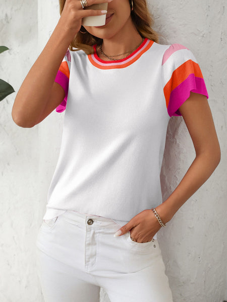 Contrast Round Neck Short Sleeve Knit Top