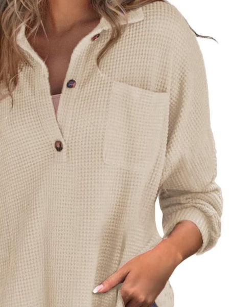 Waffle-Knit Dropped Shoulder Long Sleeve Sweatshirt