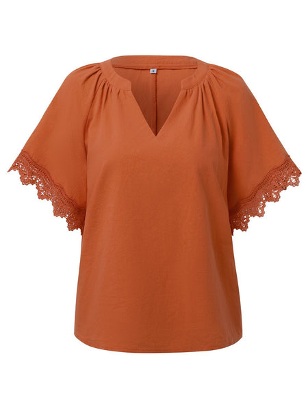 Lace Detail Notched Short Sleeve Blouse