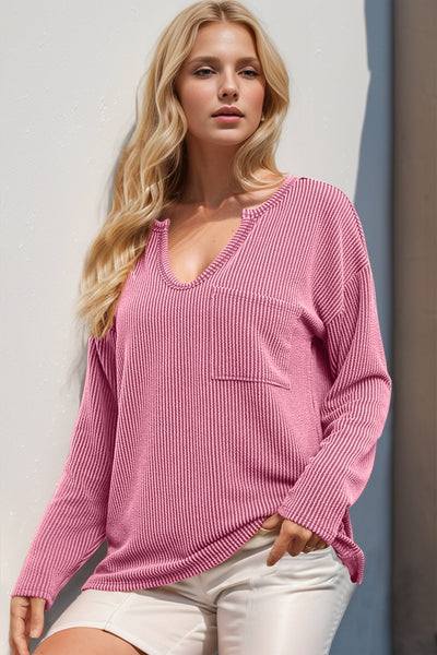 Striped Notched Long Sleeve T-Shirt