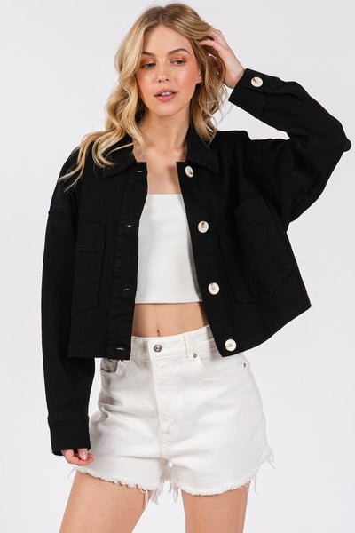 Button Down Cropped Denim Jacket with Patch Pockets