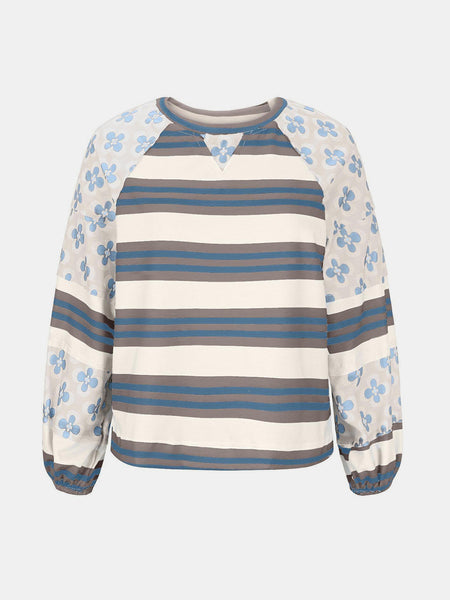 Flower & Striped Print Round Neck Sweatshirt