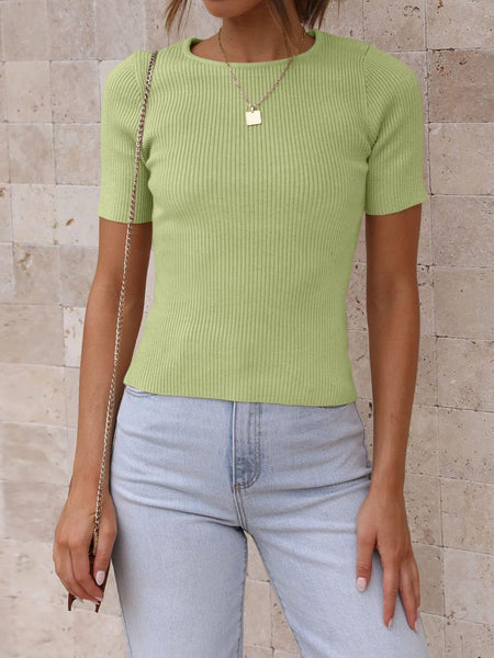 Ribbed Round Neck Short Sleeve Knit Top