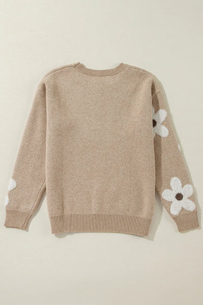 Flower Round Neck Long Sleeve Sweater