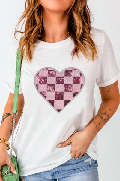 Sequin Checkered Heart Round Neck Short Sleeve T-Shirt